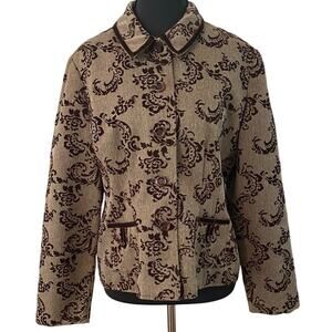 Sag Harbor Brown Herringbone Velvet Detail Trim‎ Button Front Jacket Petite 12